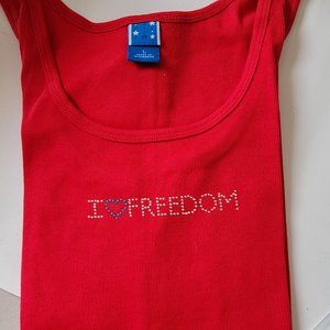 🟢3/$15 Freedom Graphic Tank Top I Love Freedom Bling Scoop Neck Red Large